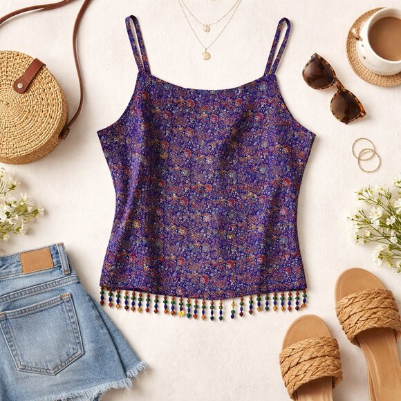 Love Potion Boho Tank Top Women’s Rayon Silk Paisley Beaded Hem Cami - Picture 2 of 5